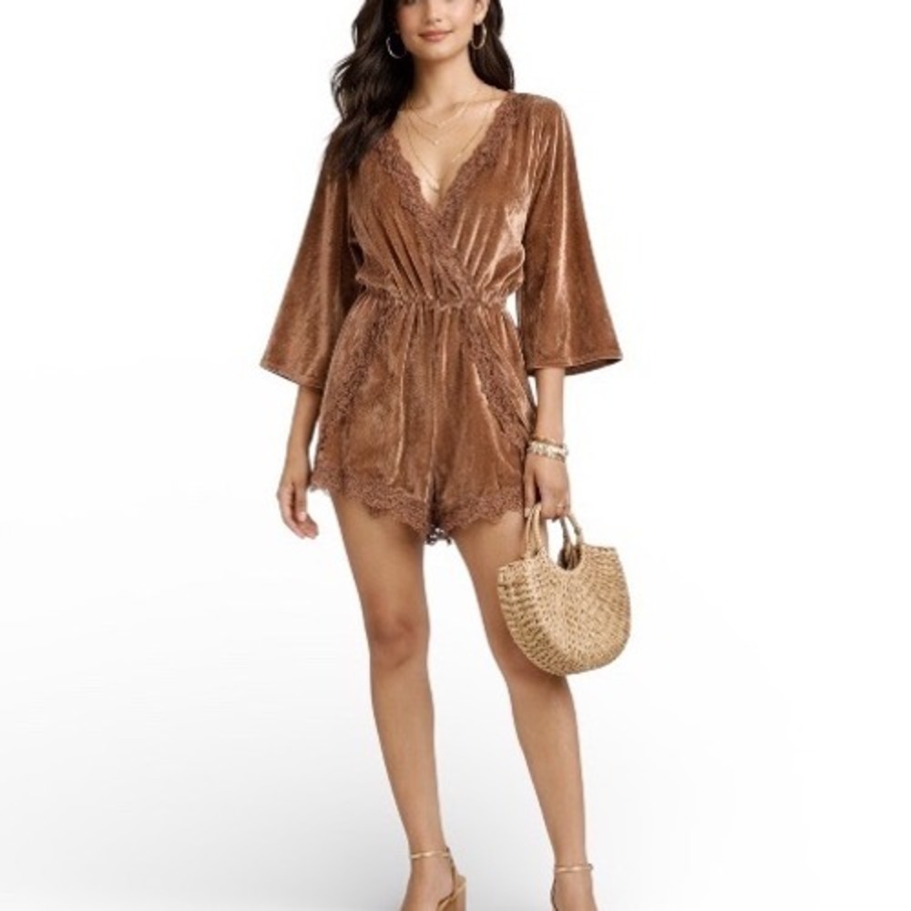 Favlux Fashion Women Brown Velvet Lace Trim Romper Bell Sleeve Coquette‎  Small
